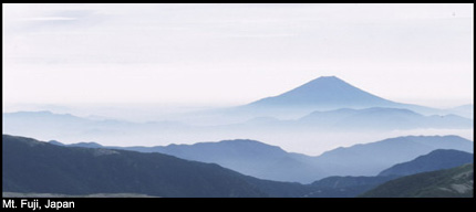 Layers of mountain ridges beneath the distant cone of Mount Fuji