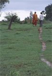 People walking on a narrow grassy path
